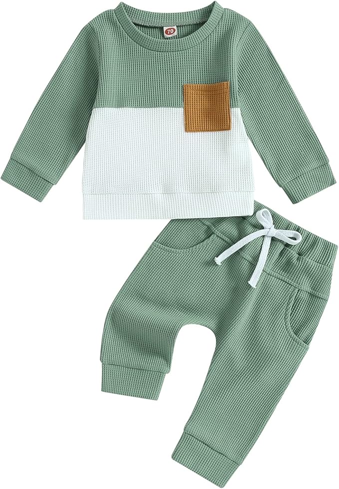 Toddler Baby Boy Fall Clothes Waffle Contrast Color Sweatshirt Pants Sets Infant Winter Outfits 6 12 18 24 Months