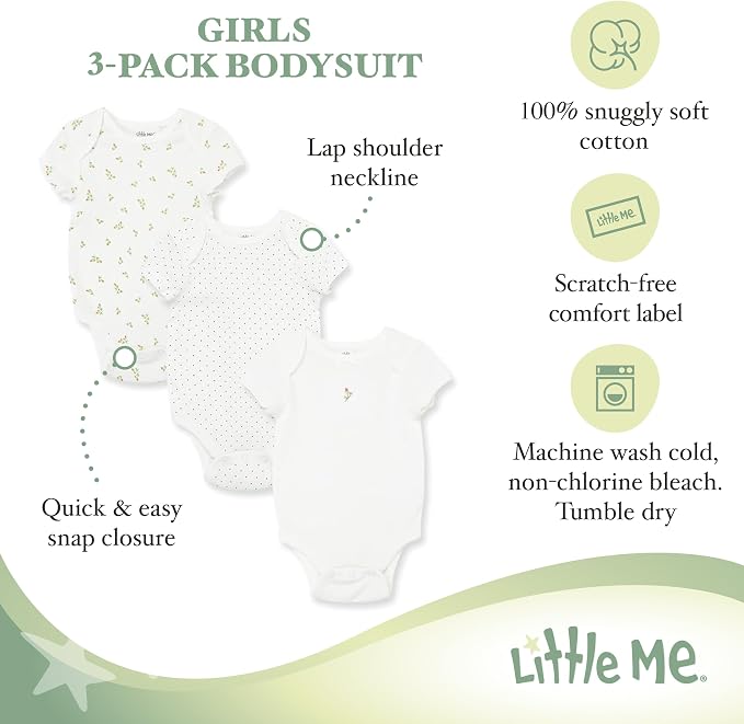 Little Me Clothes for Baby Girls' 3-Pack 100% Cotton Bodysuits - Image 3