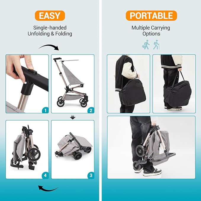 Lightweight Baby Travel Stroller – Compact & Airplane-Friendly Design, One-Hand Fold, 8.4 Lbs Carbon Fiber Frame, Breathable Fabric, Overhead Luggage Compatible, Perfect Infant & Toddler Stroller,Grey