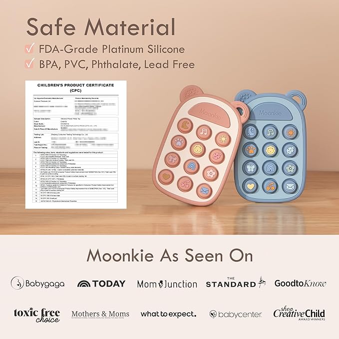 Moonkie Silicone Press Phone Teething Toy for Baby 3 Months+ | Soft BPA-Free Teether with Icon & Number Pop Bubbles | Ideal Gift for Baby Girls