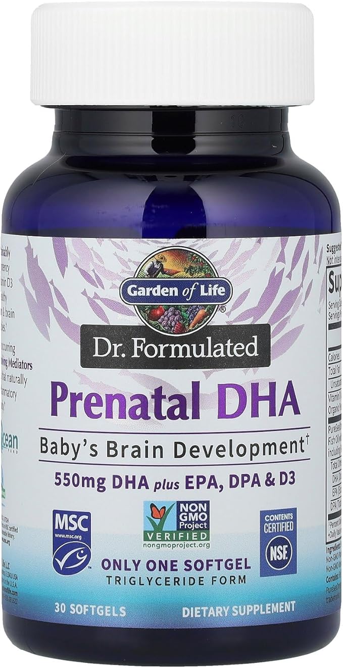 Garden of Life Dr. Formulated Prenatal DHA Fish Oil - 500mg DHA & DPA in Triglyceride Form 100% DV Vitamin D3, Single Source, Mercury Free Omega 3 Supplements for Women's Health, 30 Softgels