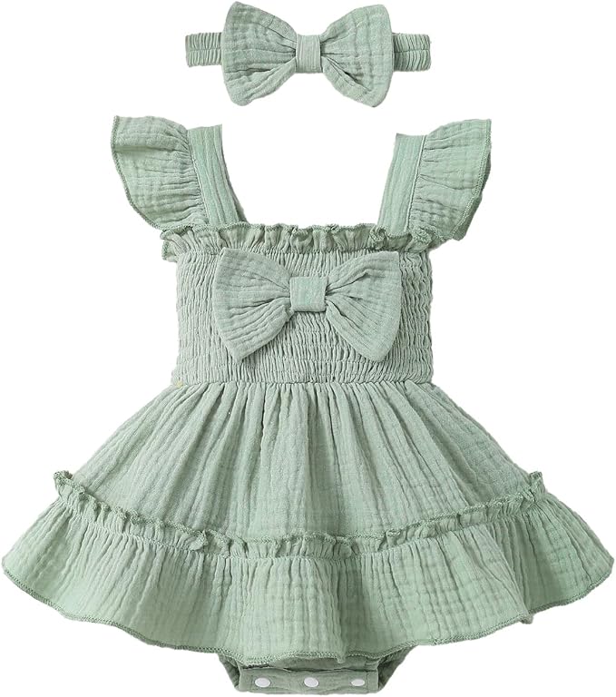Baby Girl Smocked Romper Dress Ruffle Bow Summer Outfit by Megeoly