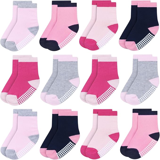 Baby Toddlers Crew Socks with Non-Slip Grip 12 Pack Cotton Stretch Socks | Soft by JAKIDAR