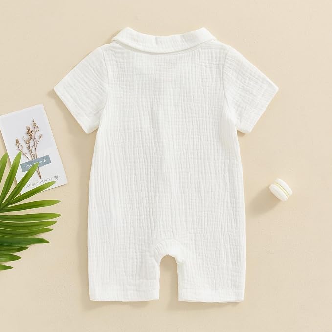 Honganda Summer Baby Boy Cotton Linen Jumpsuit Short Sleeve Button Down - Image 3