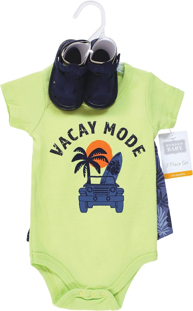 Hudson Baby Unisex Baby Cotton Bodysuit, Shorts and Shoe Set - Image 2