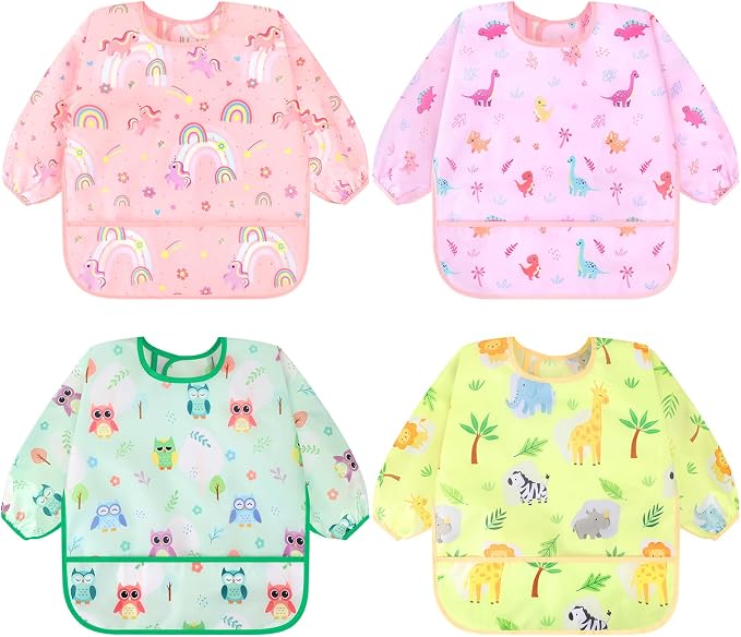 Accmor 4 Pack Long Sleeve Bibs, Baby Smock Waterproof Full Sleeved Bib by Accmor