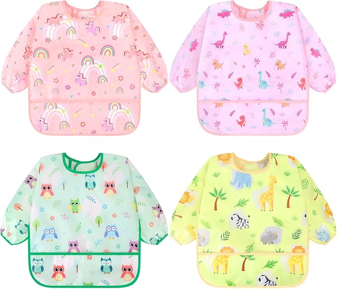 Accmor 4 Pack Long Sleeve Bibs, Baby Smock Waterproof Full Sleeved Bib by Accmor