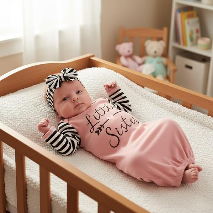 AMAWMW Newborn Baby Girl Little Sister Sleeper Gown Stripe Long Sleeve - Image 2