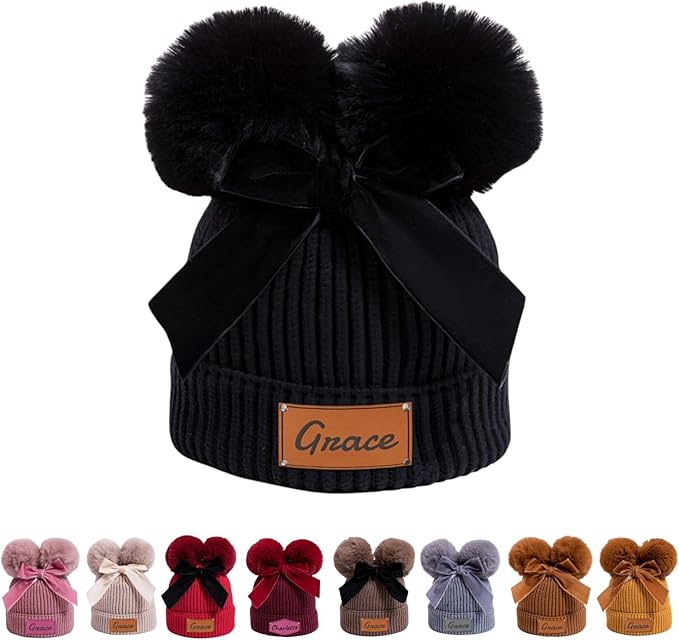 Personalized Toddler Beanie Hat with Bow - Custom Winter Pom Pom Beanies - Leater Patch Baby Warm Knit Hats