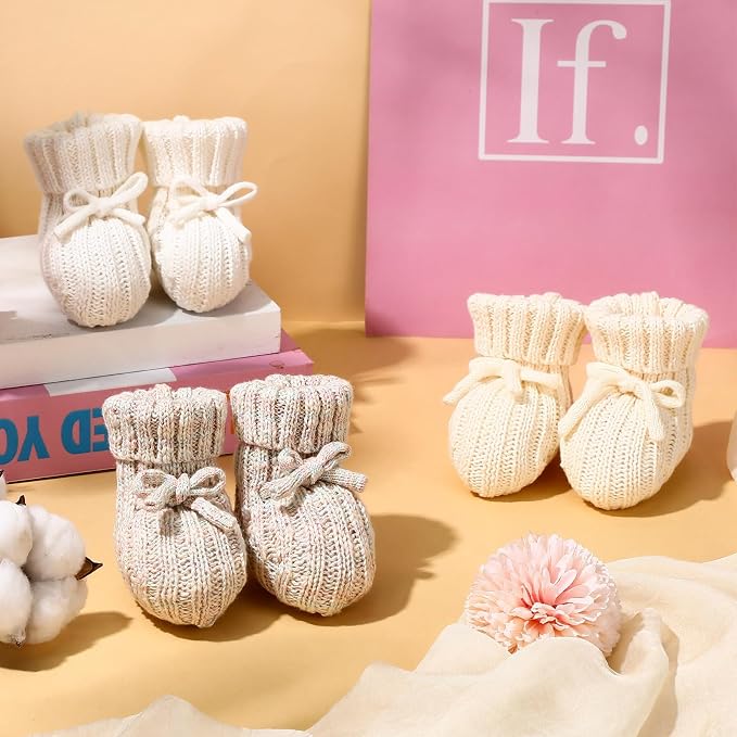 Evervibe 3 Pair Knitted Baby Booties | 100% Cotton, 0-6 Months Newborn - Image 3