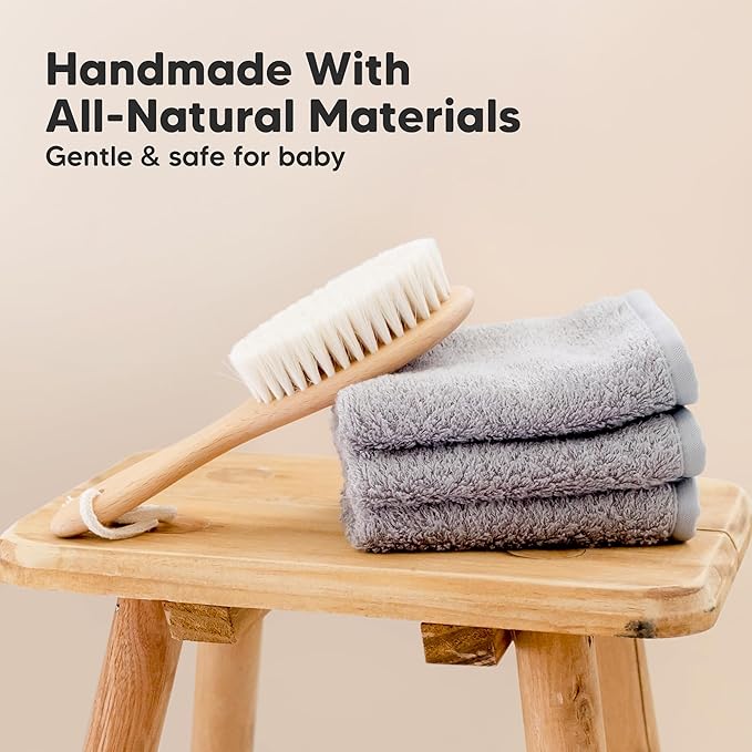 Wooden Baby Hair Brush - Cradle Cap Baby Brush with Soft Goat Bristles, Perfect Gentle Scalp Newborn Comb for Infant, Girls, Boys, Bath Essentials (Walnut, Oval)