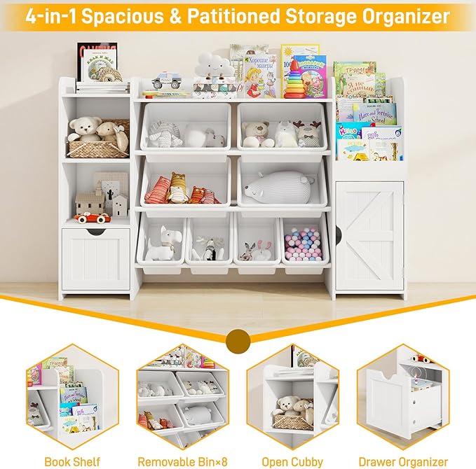 Vabches 55" Large Kids Toy Organizer with 8 Toy Storage Tubs, Storage Boxes and Storage Racks, Tiered Bookshelf and 7 Storage Cubbies, Kids Bookshelf, Playroom Storage and Storage Boxes(White)