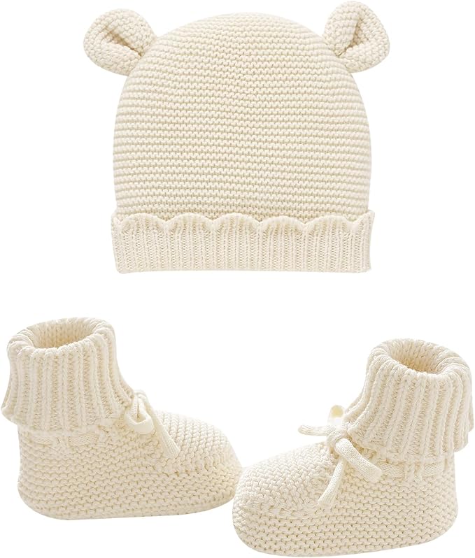 Hadetoto 100% Organic Cotton Baby Beanie and Booties Set | Newborn, Knit Sock by Hadetoto