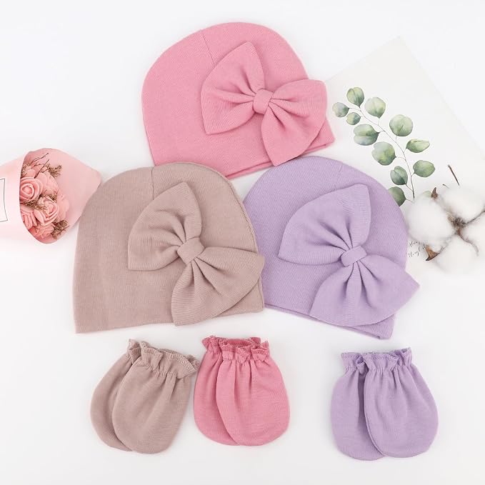 BQUBO Newborn Girls Hats Baby Hat and Mittens Set Infant Caps Bow Hospital - Image 8