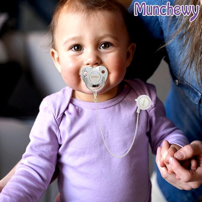 Personalized Pacifier and Pacifier Clip with Name, Bling Gold Pacifier Clip Set with Gift Box Greeting Card, Glitter Crystal Luxurious Dummy Ideal Gift for Boys Baby Shower Newborn Photography(Silver)