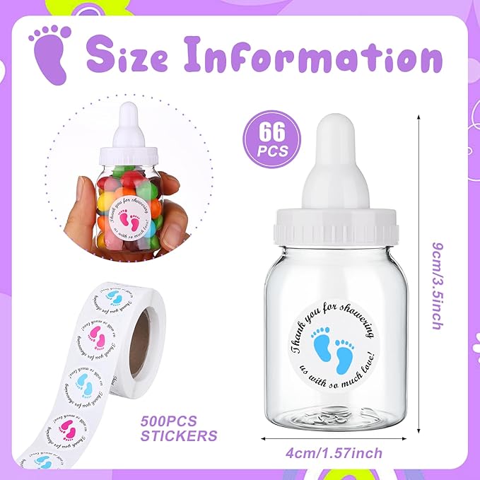 62 Pcs 3.5 Inch Baby Mini Milk Bottle Baby Shower Favor with 500 Adhesive Thank You for Showering Stickers, Small Plastic Candy Bottle DIY Gift for Boy Girl Newborn Baptism Party Decor (White)