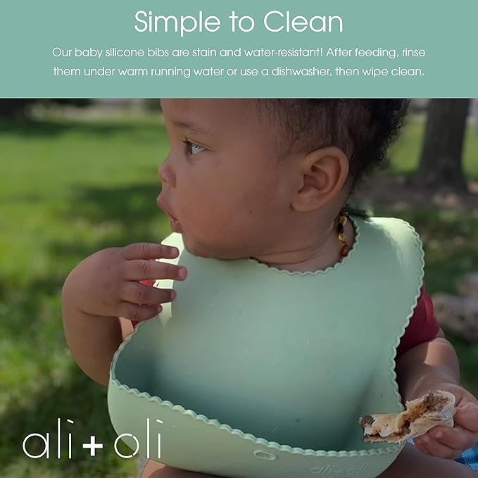 Ali+Oli Silicone Bib Waterproof Silicone Bibs for Babies & Toddlers Adjustable Feeding Bibs with Food Catcher Feeding Bucket