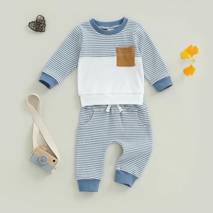 Toddler Baby Boy Fall Clothes Waffle Outfit Long Sleeve Color Blocking Sweatshirt Pullover Jogger Pant Set