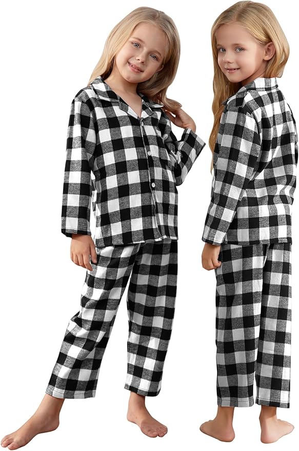 Schbbbta Kids Pajamas Set, Plaid Button Down Pjs for Girls & Boys, 9 Months - 14 Years