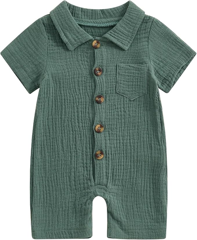 Honganda Summer Baby Boy Cotton Linen Jumpsuit Short Sleeve Button Down by Honganda