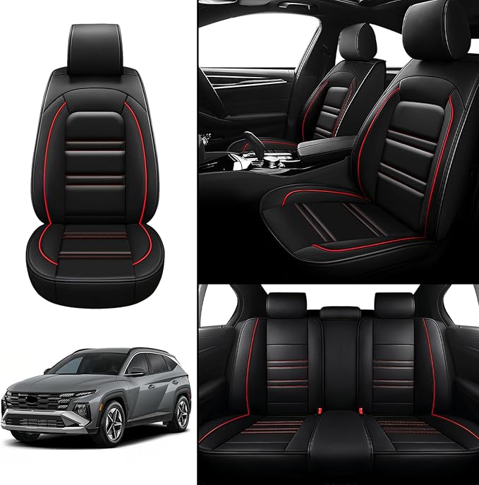 Seat Covers for Hyundai Car Tucson 2005-2025 | 5-Seats Leather Seat Covers, Easy to Install Automotive Seat Covers Full Set (Full Set, Black&Red Line)