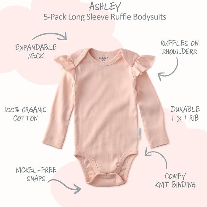 Butterblu Ashley 5-Pack Long Sleeve Ruffle Shoulder Bodysuits 100% Cotton | - Image 2