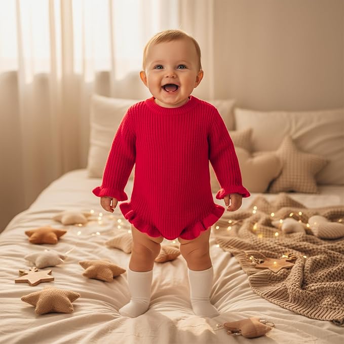 Mubineo Baby Girl Fall Winter Clothes Basic Plain Cute Sweater Romper Outfit - Image 2