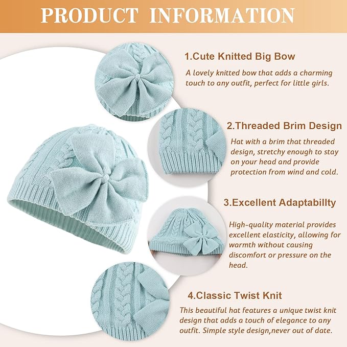 JANGANNSA Winter Warm Knitted Baby Hat for Girls Cotton Lined Infant Toddler Hat Autumn Cute Bow Classic Girls Beanie 0-6Y