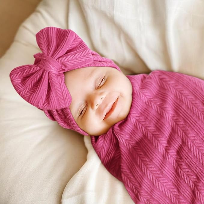 AQOKKA Newborn Receiving Blanket Wheat Ear Bow Hat Mitten Set | 4 Set Receiving - Image 5