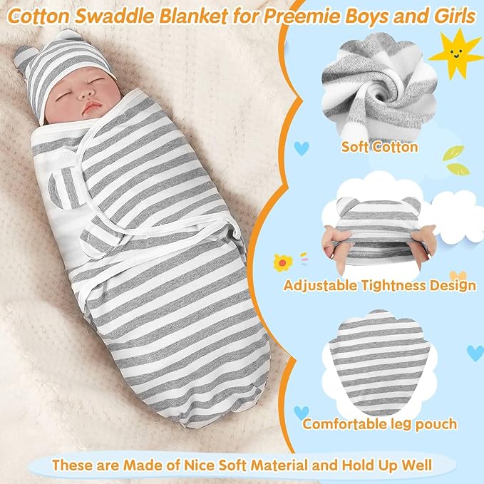 3 Pack Preemie Swaddle with Hat & Mittens Set, Adjustable Cotton Swaddle - Image 5