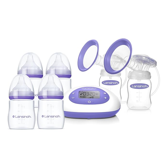 Lansinoh Oh Baby Newborn Essentials Kit – Signature Pro Double Electric Breast Pump with 25mm Flanges, 2 Feeding Bottles + 4 Count 5 oz Anti-Colic Baby Bottles with Newborn Flow Silicone Nipples