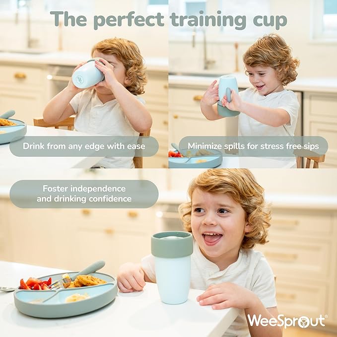 WeeSprout Baby Training Cup - Silicone Sippy Cup with Removable Handles for Weaning Off Bottle - Transition Spill-Proof Toddler Cups - No-Spill Design (Pastel Blue/Navy/Light Gray)