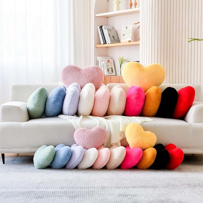 Hot Pink Heart Pillows, Cute Heart Decorative Pillow, Heart Shaped Throw Pillows for Bed, Faux Rabbit Fur Plush Hoom Decor Pillow Cushion for Chair Sofa Living Room (Large-19.6"x15.7")