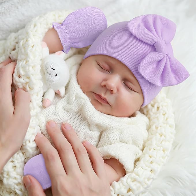 BQUBO Newborn Baby Girls Hats Mittens Set Hospital Hat Beanie Infant Bow Hats - Image 2