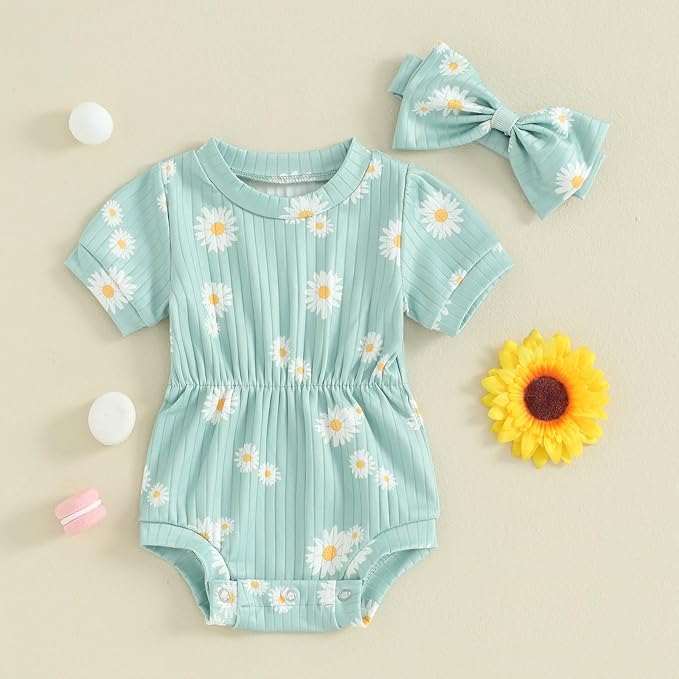 FOCUSNORM Baby Girl Summer Clothes Ribbed Short Sleeve Romper Solid Color - Image 2