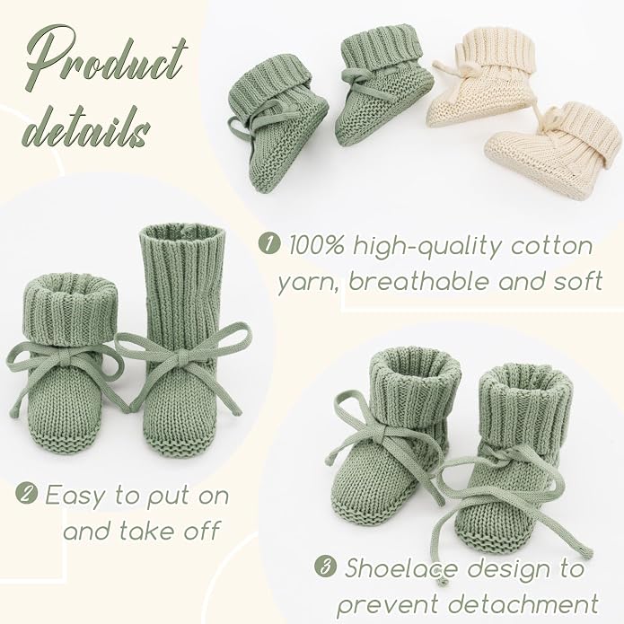 LifeTree Baby Knit Booties-2 Pairs, Cozy Cotton Handmade Crochet Baby Shoes - Image 6