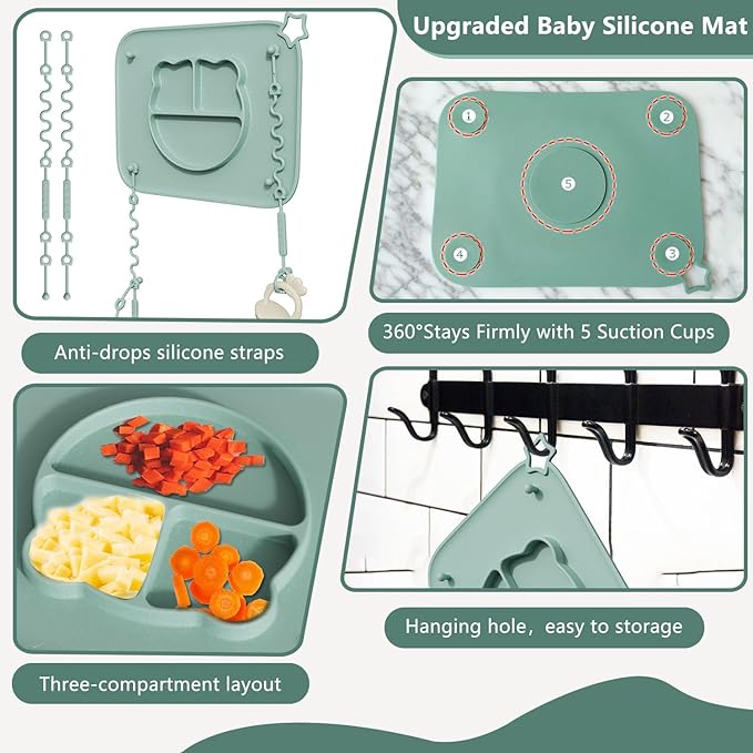 1 Pack Silicone Mat for Babies, Baby Placemat Built-in Suction Base and Equipped 4 Toy Straps & Anti-Peel Design, Activity Mat for Infants to Toddlers, Keeps Babies Essentials Off The Floor, Green
