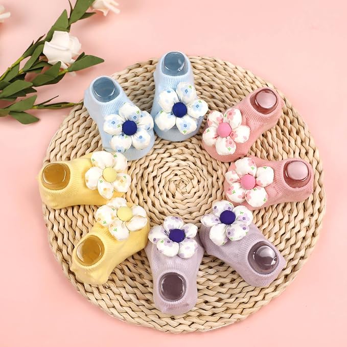4Packs Baby Girls Socks, Flower Non-Slip Grips - Image 3