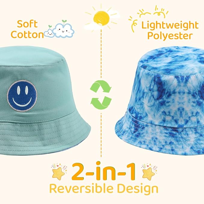 Toddler Hat Reversible Bucket Hat Happy Face Sun Hat Adjustable Chin Strap - Image 3