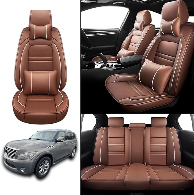 Car Seat Covers for Infiniti qx56 2004-2013 | 5-Seats Seat Covers, Waterproof Seat Protectors, Automotive Seat Covers (Full Set with Pillow,Coffee)