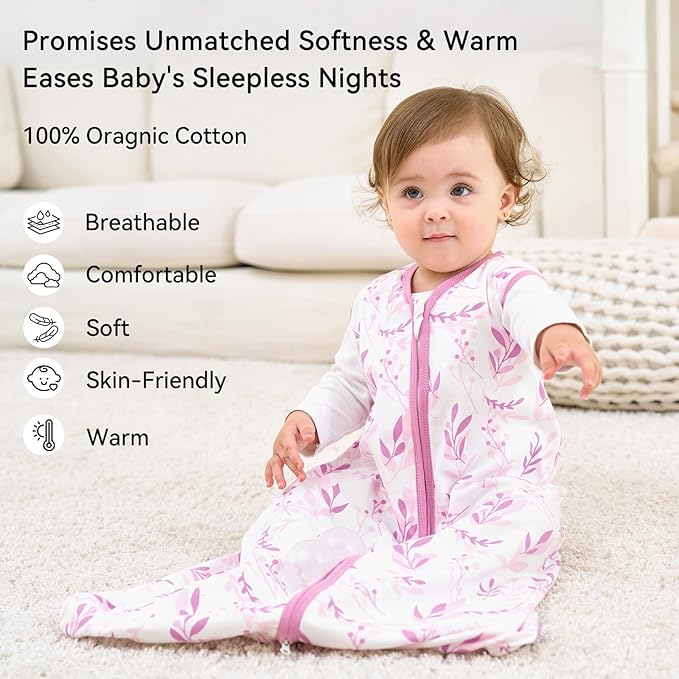 Baby Sleep Sack 0-6 Months 1.0 Tog Baby Wearable Blanket 100% Cotton Sleeping Sack with 2-Way Zipper for Infant Newborn Purple Leaf