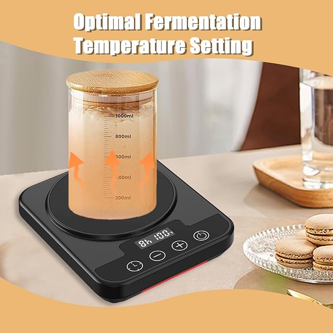 Sourdough Starter Warmer Mat, 12H Timer Warming Heating Pad, Precise 1°F Thermostat Control (70-100°F), Smart Memory Warming On/Off, Fits Jars Up to 40oz, Perfect for Home Baking (Black)