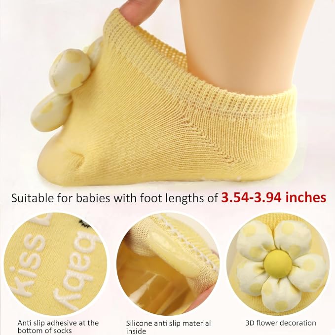 4Packs Baby Girls Socks, Flower Non-Slip Grips - Image 5