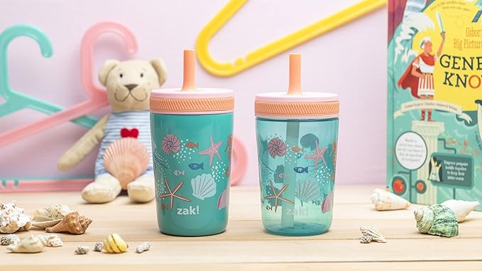 Zak Designs Shells Kelso Tumbler Set, Leak-Proof Screw-On Lid with Straw, Bundle for Kids Includes Plastic and Stainless Steel Cups with Bonus Sipper (3pc Set, Non-BPA) (Pack of 12)