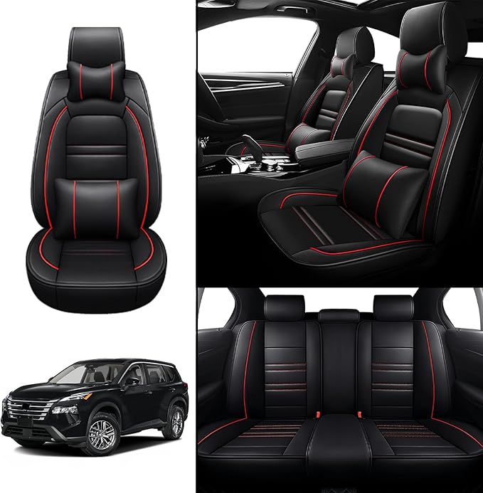 Car Seat Covers for Nissan Car Rogue 2008-2025 | 5-Seats Seat Covers, Waterproof Seat Protectors, Automotive Seat Covers (Full Set with Pillow,Black&Red Line)