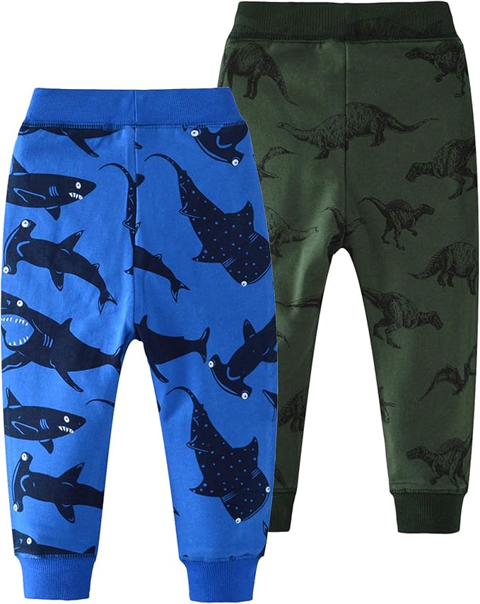 HUAER& Baby Boy's Jogger Pants Dinosaur Car Animal Print Drawstring Elastic Sweatpants 2-Pack