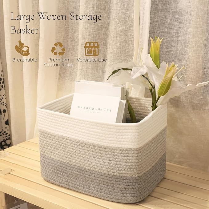 Hopegiver Storage Baskets for Organizing with Handle, Woven Baskets for Shelves - Durable Gift Basket for Cloth Toys Books Baby, Cotton Rope Basket for Dog Cat, 15x11x10 Inch(White&Light-Gray&Gray)