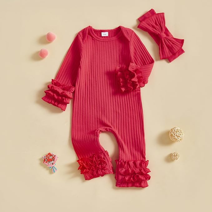 Newborn Baby Girl Clothes Jumpsuit Ruffle Romper Bodysuit Pants Headband - Image 3
