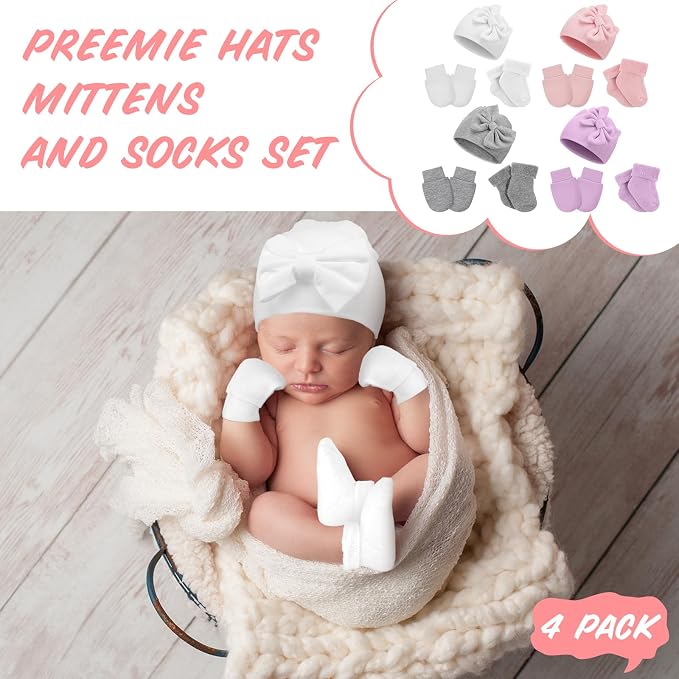Toulite 4 Pack Preemie Baby Hats Mittens and Socks Set Premature Newborn Baby - Image 3