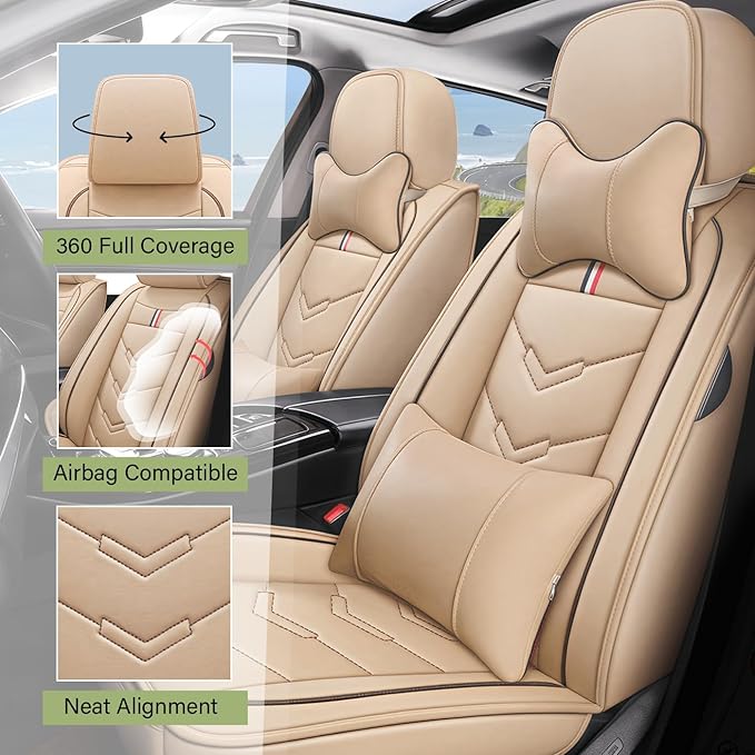Leather Car Seat Covers Fit for LR Range Rover Sport 2023-2025, 5 Seater Waterproof and Wear-Resistant Seat Cover Interior Accessories(Full Set with Pillow,Beige)